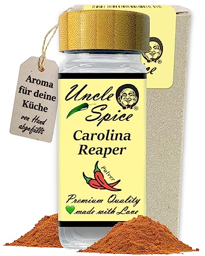 UNCLE SPICE® Carolina Reaper Pulver - 50g schärfste Chili der Welt fein gemahlen im edlen Gewürzglas - GRINGO KILLER - Chilischoten in Pulver, Chilipulver im Streuer - 1.5 Mio Scoville - EXTREM SCHARF von Uncle Spice