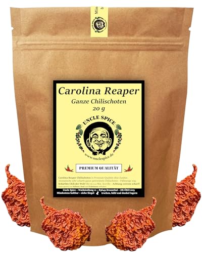 UNCLE SPICE® Carolina Reaper Schoten- 20g schärfste Chili der Welt - ganze Chilischoten in Premiumqualität - GRINGO KILLER - Chilischoten getrocknet - 1.5 Mio Scoville - Achtung EXTREM SCHARF von Uncle Spice