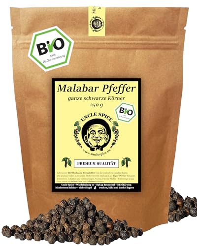 UNCLE SPICE® BIO Malabar Pfeffer - 250g schwarzer BIO Pfeffer ganz - Tigerpfeffer - Hochland Bergpfeffer - Premium-Qualität - handverlesene Pfefferbeeren, ganze Pfefferkörner für die Mühle DE-ÖKO-005 von Uncle Spice