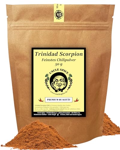 UNCLE SPICE® Trinidad Scorpion Moruga RED Pulver 50g - eine der schärfsten Chili der Welt - in Premiumqualität - RED SCORPION - Chilischoten in Pulver - 1.2 Mio Scoville - Achtung EXTREM SCHARF von Uncle Spice