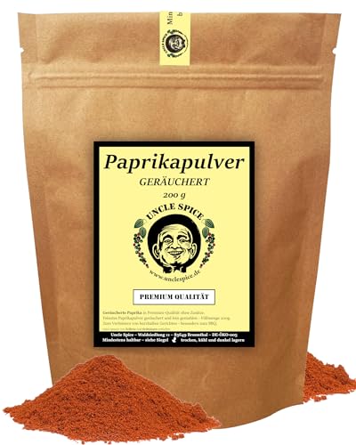 UNCLE SPICE® geräuchertes Paprikapulver - 200g Paprika edelsüß geräuchert fein gemahlen in Premiumqualität - Paprikaschoten Pulver, Paprika Gewürzpulver - Ideal für BBQ Marinaden und zum Grillen von Uncle Spice