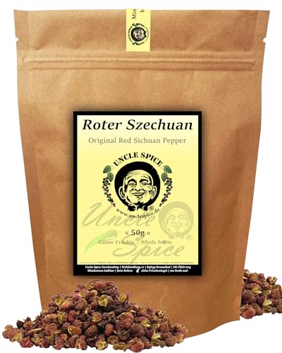 UNCLE SPICE® Roter SZECHUAN Pfeffer, 50g echter Szechuanpfeffer rotbraun - Premiumqualität - aus der Provinz SICHUAN, ganze Pfefferbeeren, echte Wildsammlung, fruchtig-zitronig von Uncle Spice