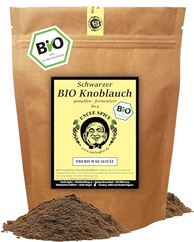 UNCLE SPICE® BIO schwarzer Knoblauch gemahlen - 80g - Knoblauchpulver schwarz SUPERFOOD Black Garlic - BIO fermentierter Knoblauch - in schmackhafter Premium Qualität, DE-ÖKO-005 von Uncle Spice