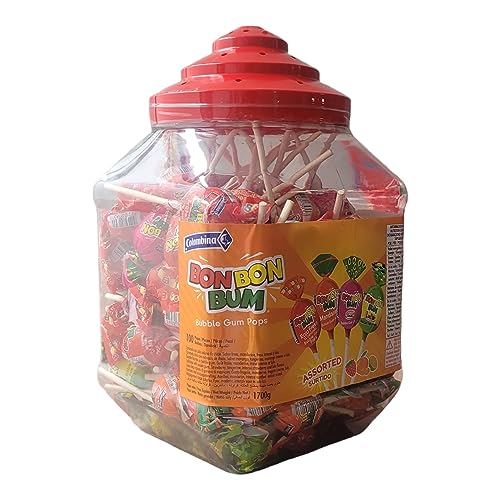 Glas – Packung mit 100 Stück – Colombina Bon Bon Bum – Paletten mit sortierten Gummikernen, 4 Geschmacksrichtungen Lulo, Erdbeere, rote Erdbeere und Mandarine, Dose mit 1700 g (100 Stück) von Universabor