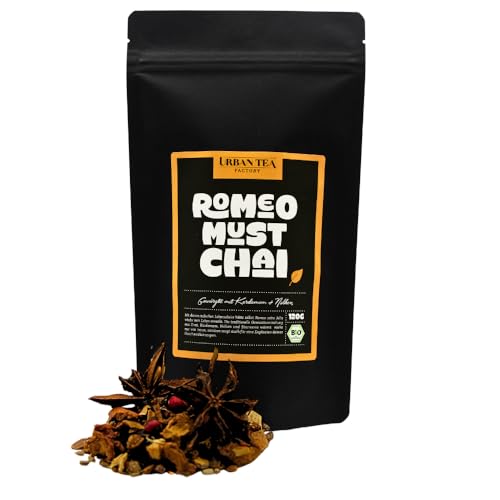 Urban Tea Factory | Bio Teemischung | Romeo Must Chai | Bio Gewürztee mit Kardamom & Nelken im Violettglas | 120g | loser Premium Bio-Tee | 100% natürlich | vegan von Urban Tea Factory