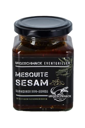 Urgeschmack Eventgrillen Mesquite Sesam Sauce 300g im Glas (BBQ Sauce, Rauchiges Aroma, zu deftigen Fleischgerichten, Steaks, Pulled Pork, Laktosefrei, ohne Konservierungsstoffen) 1er Pack von BFYSYO