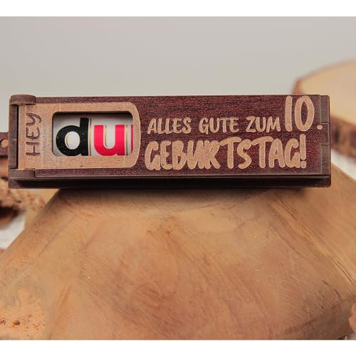 Urhome Geschenkbox Alles Gute zum 10. Geburtstag mit Duplo Schokoriegel - Überraschung Holzbox mit Spruch Gravur inkl. Schokolade Geschenk Riegel - Geburtstagsgeschenk Dunkel Braun von Urhome