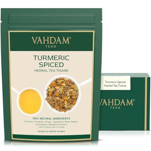 VAHDAM, Turmeric Spiced Herbal Tea Tisane (100g) 100% Reine Zutaten – Kurkuma, Bergamotte, Zitronengras, Ingwer und frische Gewürze | Als Heiß- Oder Eistee Aufbrühen von VAHDAM