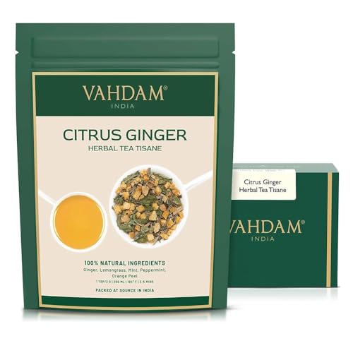 VAHDAM, Citrus Ginger Herbal Tea Tisane (100g) Kräuter Tee Loses Blatt | Ingwer, Zitronengras, Orangenschalen, Minze | Direkt Von Der Quelle In Indien | Aufbrühen Heißen/Eistee von VAHDAM