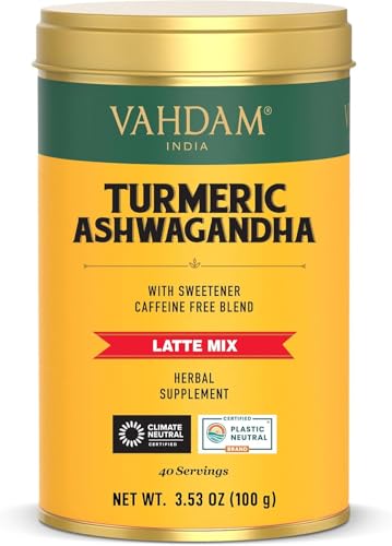 VAHDAM, Kurkuma-Ashwangandha-Latte-Mischung (100 g, 40 Tassen) ohne Zuckerzusatz | Koffeinfreies goldenes Milchpulver mit Curcumin, Kurkumapulver und Ashwagandha-Heiß-/Eistee von VAHDAM