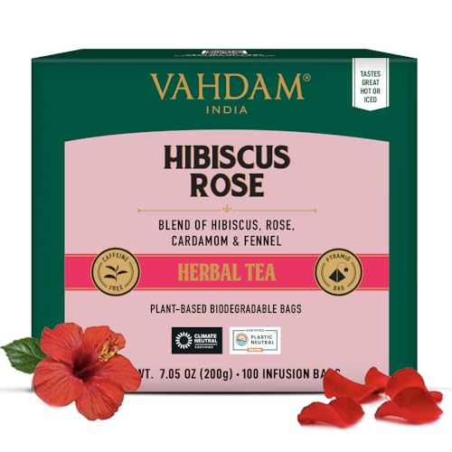 VAHDAM, Hibiscus Rose Kräutertee Beutel (100 Teebeutel) Koffeinfrei | Natürlicher Hibiskusblüten Kräutertee | Blumig Fruchtiges Aufgussgetränk von VAHDAM