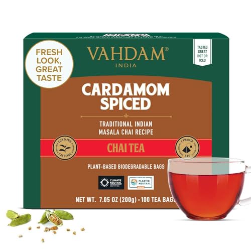 VAHDAM, Kardamom Masala Chai Tee (100 Pyramiden Teebeutel) 100% Natürliche, Zerstoßener Kardamom Mit Gartenfrischem Schwarztee | Indiens Original Kardamom Teemischung von VAHDAM