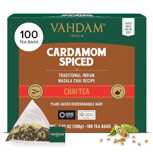 VAHDAM, Kardamom Masala Chai Tee (100 Pyramiden Teebeutel) 100% Natürliche, Zerstoßener Kardamom Mit Gartenfrischem Schwarztee | Indiens Original Kardamom Teemischung von VAHDAM