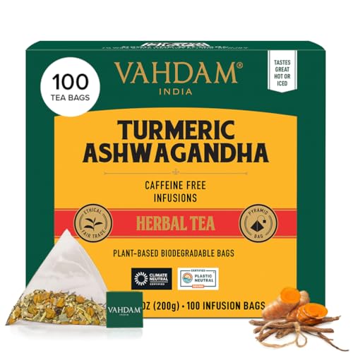 VAHDAM, Kurkuma Ashwagandha Kräutertee Beutel (100 Teebeutel) Koffeinfrei | Kurkuma & Gartenfrischen Gewürzen | Verpackt in Indien | Brühen Sie Heiß, Eis oder Kombucha Tee von VAHDAM