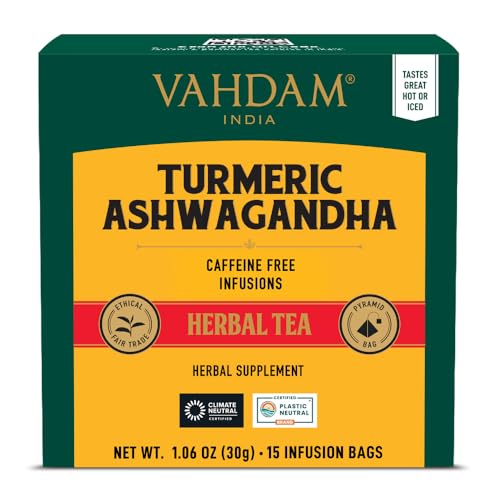 VAHDAM, Kurkuma Ashwagandha SUPERFOOD Kräutertee (15 Teebeutel) Indiens alte Mischung aus Kurkuma & Gartenfrischen Gewürzen | Kurkuma Tee von VAHDAM