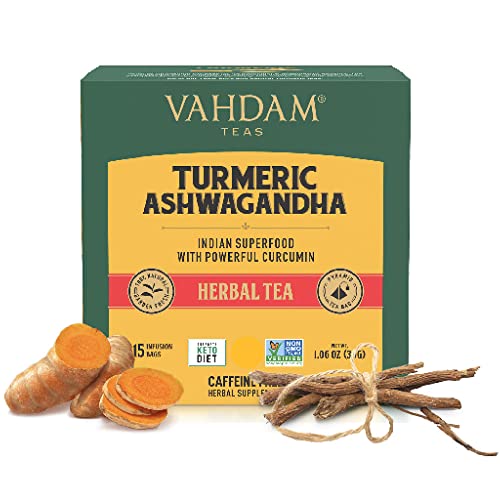 VAHDAM, Kurkuma Ashwagandha SUPERFOOD Kräutertee (15 Teebeutel) Indiens alte Mischung aus Kurkuma & Gartenfrischen Gewürzen | Kurkuma Tee von VAHDAM