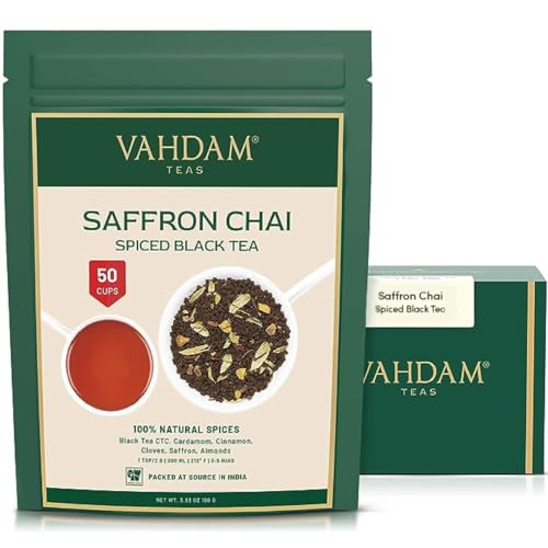 VAHDAM, Safran-Tee-Loseblatt (50 Tassen) | 100% NATÜRLICHE GEWÜRZE | Schwarzer Tee, Kardamom, Zimt, Nelke, Mandel, Safran | Gewürzter Chai Tee Loose Leaf | Chai Latte | 100gr von VAHDAM