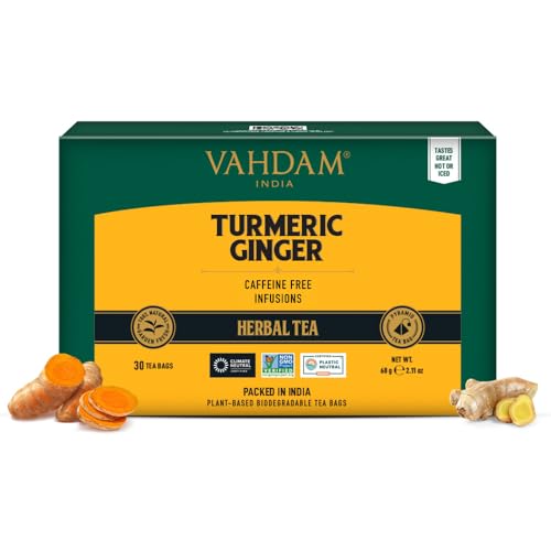 VAHDAM, Turmeric Ginger Kräutertee Beutel (30 Teebeutel) Koffeinfrei | Kurkuma & Gartenfrischen Gewürzen | Verpackt in Indien | Brühen Sie Heiß, Eis oder Kombucha Tee von VAHDAM