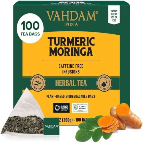 VAHDAM, Turmeric Moringa Kräutertee Beutel (100 Teebeutel) Koffeinfrei | Kurkuma & Gartenfrischen Gewürzen | Verpackt in Indien | Brühen Sie Heiß, Eis oder Kombucha Tee von VAHDAM