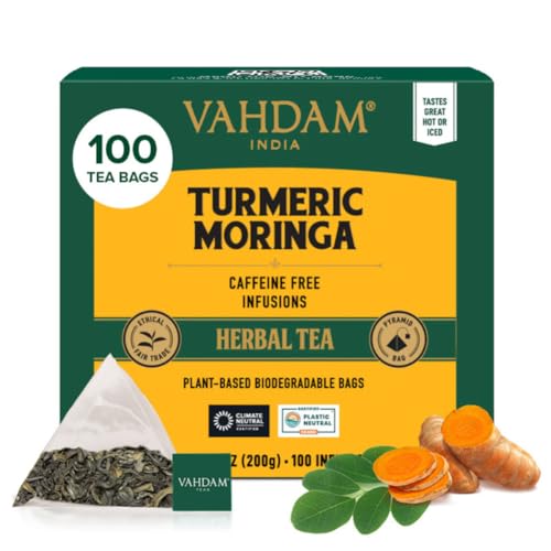 VAHDAM, Turmeric Moringa Kräutertee Beutel (100 Teebeutel) Koffeinfrei | Kurkuma & Gartenfrischen Gewürzen | Verpackt in Indien | Brühen Sie Heiß, Eis oder Kombucha Tee von VAHDAM