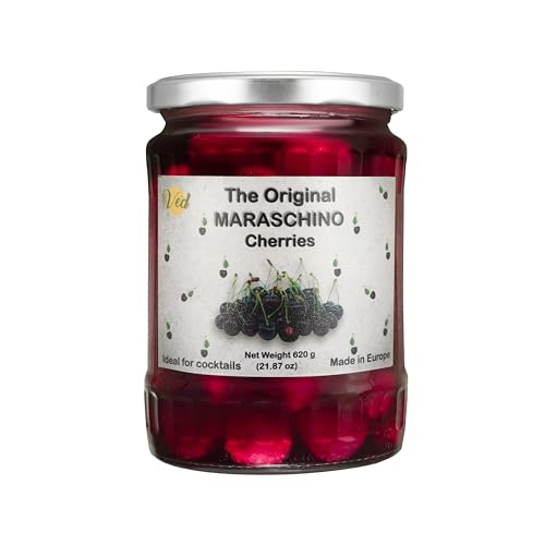 Ved Gourmet Original Maraschino Cherries - Italian Cherry for Old-Fashioned Cocktails - Vegan Cocktail, Bourbon Cherries in Natural Syrup for Cocktail Garnish - 620gJar von VED