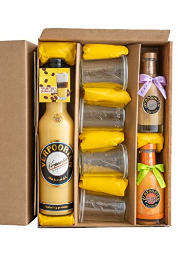 Geschenk-Set: 0,7 L Flasche VERPOORTEN ORIGINAL und 0,2 L Flaschen VERPOORTEN EDITION Pfirsich-Maracuja und VERPOORTEN EDITION Amaretto-Apricot mit 4 Dessertgläsern von VERPOORTEN ORIGINAL