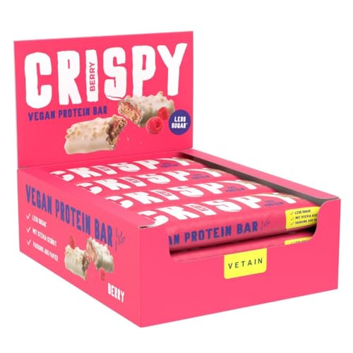 Vetain Proteinriegel vegan - CRISPY BERRY - 12x 55g - leckerer, knuspriger Eiweißriegel - High Protein, frei von Sucralose oder Maltit - low Sugar & sojafrei - bestens verträglich von VETAIN