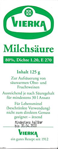 VIERKA Milchsäure 80% ig zur Aufsäuerung von säurearmen Obst + Fruchtweinen Verschiedene Größen (125 ml) von VIERKA