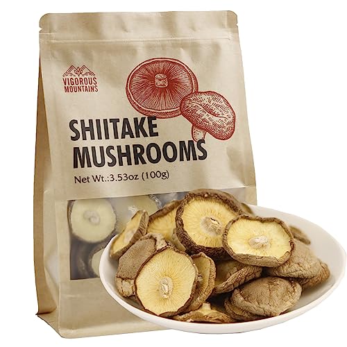 VIGOROUS MOUNTAINS Getrocknete Shiitake Pilze zum Kochen 100g, reiner Aroma Dünne Kappe Pilz ohne Stiel, schnell rehydrieren, weiche Textur Xiangxin Shiitake von VIGOROUS MOUNTAINS