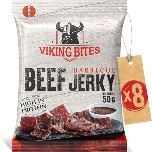 Viking Bites Beef Jerky Barbecue 400g (8 x 50g) – Getrocknetes Rindfleisch – Fleischsnack mit hohem Proteingehalt von VIKING BITES