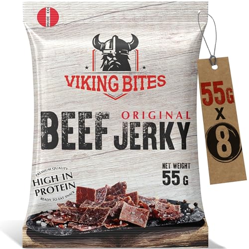 Viking Bites Beef Jerky Jalapeno 400g (8 x 50g) – Getrocknetes Rindfleisch – Fleischsnack mit hohem Proteingehalt von VIKING BITES