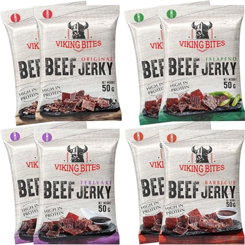 Viking Bites Beef Jerky Mischkarton 400g (8 x 50g) – 2x Original, 2x Jalapeno, 2x Barbecue, 2x Teriyaki – Getrocknetes Rindfleisch – Fleischsnack mit hohem Proteingehalt von VIKING BITES