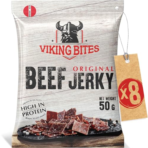 Viking Bites Beef Jerky Original 400g (8 x 50g) – Getrocknetes Rindfleisch – Fleischsnack mit hohem Proteingehalt von VIKING BITES