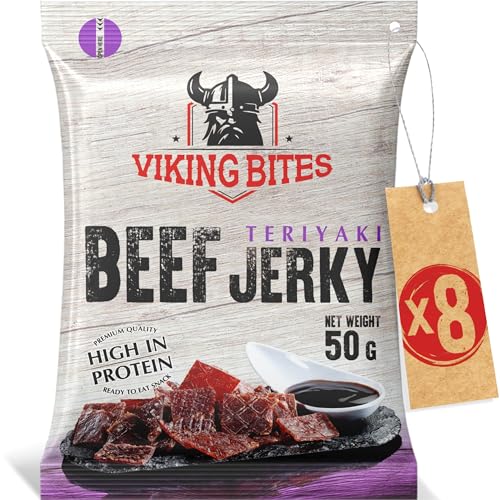 Viking Bites Beef Jerky Teriyaki 400g (8 x 50g) – Getrocknetes Rindfleisch – Fleischsnack mit hohem Proteingehalt von VIKING BITES