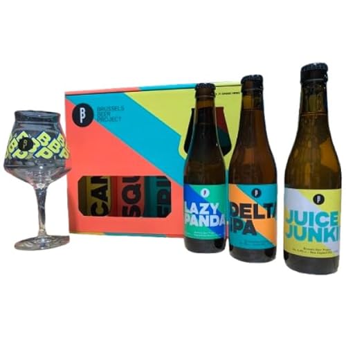 Belgische Bierbox mit 3 Flaschen und Probierglas, Blau/Gelb/Rot von VINACCUS