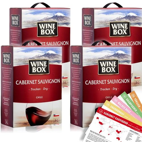 4x Wine Box Cabernet Sauvignon, trocken, Bag-in-Box, sortenreines Weinpaket + VINOX Weinkarten (4x3,0 l) von VINOX