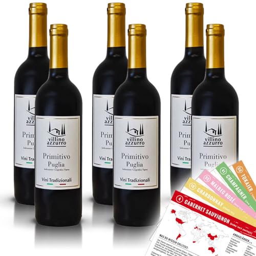 Villino Azzurro Primitivo Puglia IGT, trocken, sortenreines Weinpaket + VINOX Winecards (6x0,75l) von VINOX