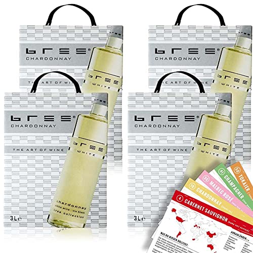 Bree Chardonnay, halbtrocken, Bag-in-Box, sortenreines Weinpaket + VINOX Winecards (4x3,0l) von VINOX