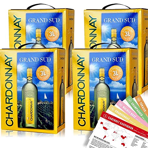 Grand Sud Chardonnay, trocken, Bag-in-Box, sortenreines Weinpaket + VINOX Winecards (4x3,0l) von VINOX