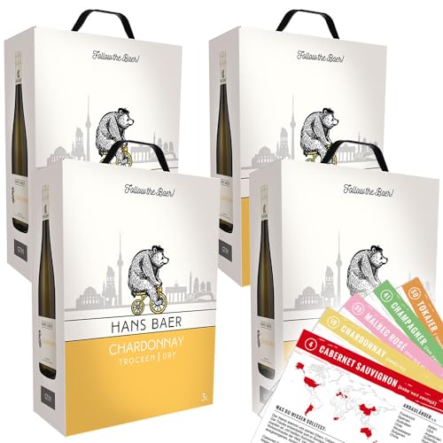 Hans Baer Chardonnay, trocken, sortenreines Weinpaket 12 Liter Bag-in-Box + VINOX Winecards (4x3,0l) von VINOX