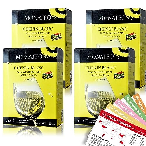 Monateo Chenin Blanc, trocken, Bag-in-Box, sortenreines Weinpaket + VINOX Winecards (4x3,0l) von VINOX