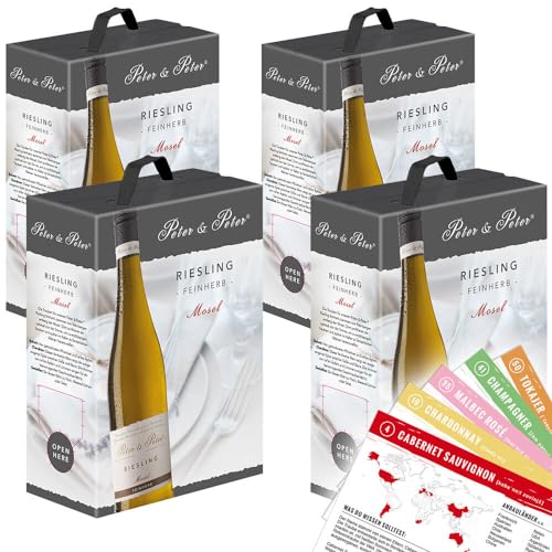 Peter & Peter Riesling QbA, feinherb, 2022, 12 Liter sortenreines Weinpaket (4 x 3 Liter Bag-in-Box) + VINOX Wine Cards von VINOX