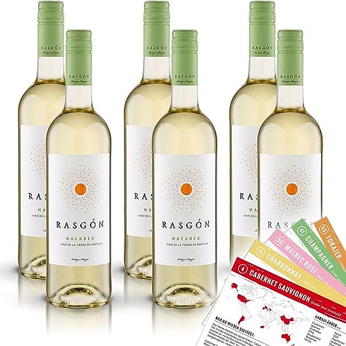 Rasgón Macabeo, halbtrocken, sortenreines Weinpaket + VINOX Winecards (6x0,75l) von VINOX