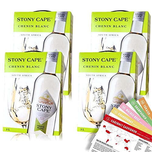 Stony Cape Chenin Blanc, trocken, Bag-in-Box, trocken, sortenreines Weinpaket + VINOX Winecards (4x3,0l) von VINOX