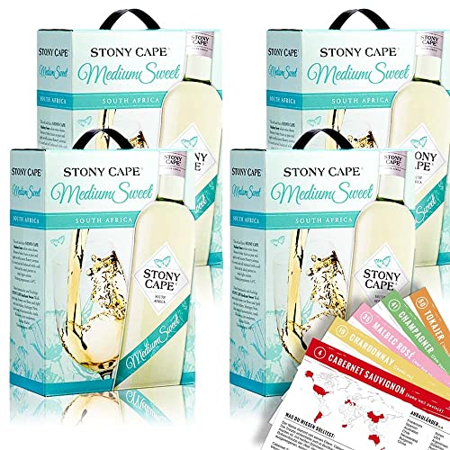 Stony Cape Medium Sweet Weiß, lieblich, Bag-in-Box, sortenreines Weinpaket + VINOX Winecards (4x3,0l) von VINOX