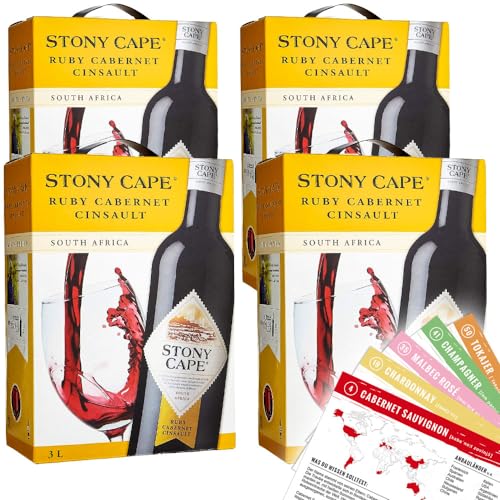 Stony Cape Ruby Cabernet Cinsault, trocken, Bag-in-Box, sortenreines Weinpaket + VINOX Winecards (4x3,0l) von VINOX