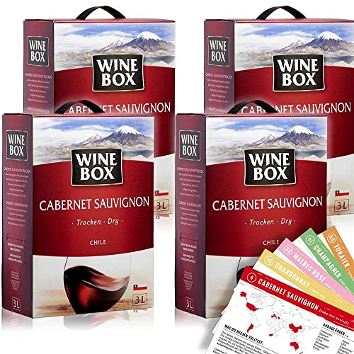 Wine Box Cabernet Sauvignon, trocken, Bag-in-Box, sortenreines Weinpaket + VINOX Winecards (4x3,0l) von VINOX