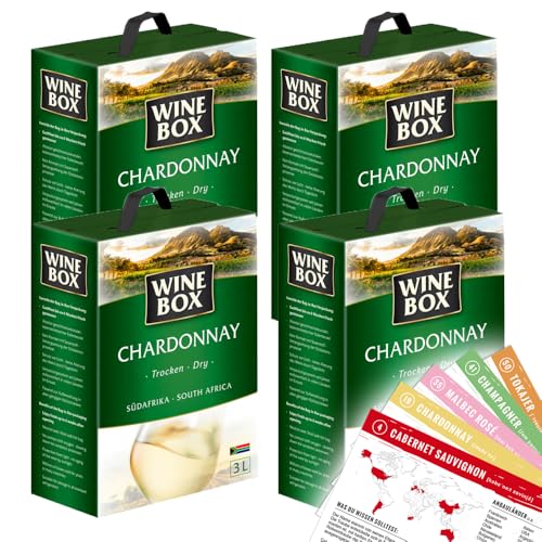 Wine Box Chardonnay, trocken, Bag-in-Box, sortenreines Weinpaket + VINOX Winecards (4x3,0l) von VINOX