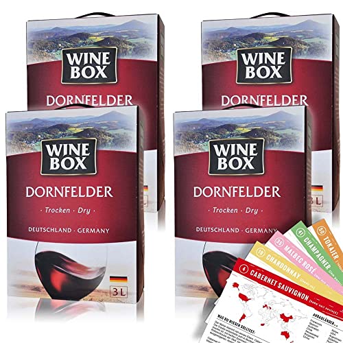 Wine Box Dornfelder, trocken, Bag-in-Box, sortenreines Weinpaket + VINOX Winecards (4x3,0l) von VINOX