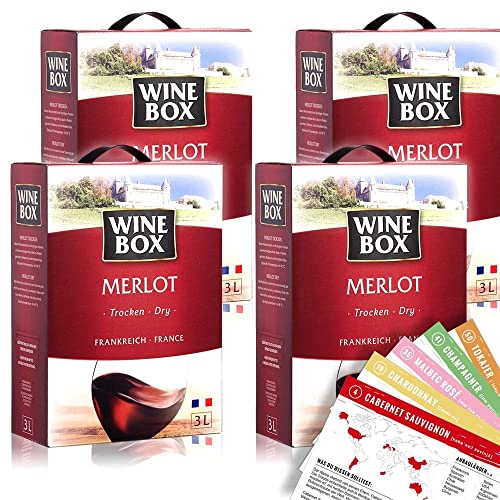 Wine Box Merlot, trocken, Bag-in-Box, sortenreines Weinpaket + VINOX Winecards (4x3,0l) von VINOX